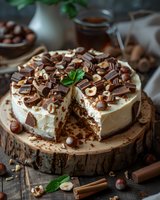 Decadent chocolate hazelnut cake topped with cream, chocolate pieces, nuts and mint leaves on rustic wooden board. Cut slice reveals layered texture and rich filling.
