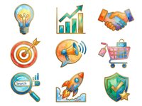 Lightbulb idea with glowing filament, upward trending bar chart, handshake partnership, target bullseye, megaphone communication, shopping cart, search magnifying glass, rocket launch, and shield security icon set for business success.
