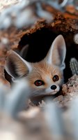 Young fox with tan and white fur peeking from rocky den, alert expression with bright eyes. Wildlife and nature concept for editorial, educational, and design projects.