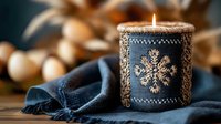 Cozy winter candle holder with embroidered snowflake pattern on dark fabric, decorated with lace trim, creating warm holiday atmosphere against blurred background.