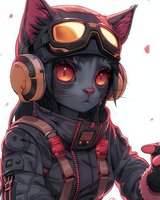 Anime style black cat character wearing pilot goggles, headphones and tactical gear against light background. Red glowing eyes and cyberpunk aesthetic create mysterious mood.