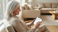 Senior Caucasian woman with gray hair relaxing in modern living room using smartphone for digital communication and social media browsing at home.