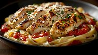 Grilled chicken breast sliced and served over fettuccine pasta with fresh tomato sauce, herbs and seasonings on dark plate with moody lighting.