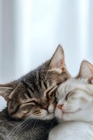 Two adorable kittens sleeping peacefully together, tabby and white cats cuddling in soft natural light for pet care and animal companionship concepts.