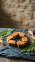 Wooden geometric puzzle pieces arranged on dark slate with fern leaves and candles creating warm atmospheric lighting for mindfulness and relaxation.