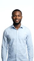 Portrait of a smiling African American male professional wearing a light blue button-up shirt against a white background, suitable for corporate headshots and business profiles.