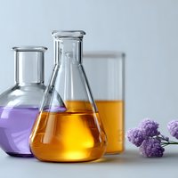 Laboratory glassware with colorful liquids in purple and amber tones, alongside delicate purple flowers on light background. Scientific research concept.