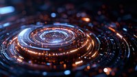 Futuristic circular technology interface with glowing orange and blue lights creating a digital vortex pattern against dark background.