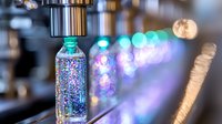 Colorful glitter particles floating in liquid-filled glass bottle with vibrant bokeh lights creating magical laboratory atmosphere. Scientific experiment concept.