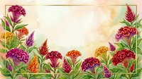 Watercolor celosia flowers frame with vibrant red, purple, and orange blooms on soft pastel background with golden border for cards.
