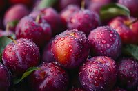 Fresh ripe plums with water droplets, showcasing vibrant purple skin and green leaves in macro photography for food marketing and healthy eating concepts.