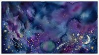 Cosmic watercolor galaxy with constellation patterns, crescent moon and stars in purple blue nebula space background for astronomy designs.