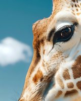 Extreme close-up of giraffe eye and facial pattern showing distinctive brown and white markings against blue sky background, highlighting natural wildlife detail.