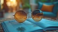 Round vintage sunglasses with gradient orange lenses resting on open book pages against blurred warm background, creating relaxing summer reading atmosphere.