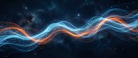 Abstract flowing energy waves in blue and orange neon colors against dark starry space background. Glowing particle streams create dynamic motion effect for technology, science, and digital design projects.