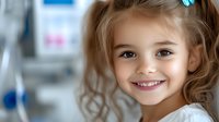 Cheerful young Caucasian girl with brown hair and bright smile wearing blue hair clip, looking directly at camera against blurred background. Natural lighting highlights facial features.
