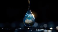 Planet Earth reflected in pure water drop falling against dark background with bokeh lights, environmental conservation concept for water resources and ecology.