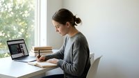 Young woman working on laptop at home office desk with books and natural window light for remote work and productivity.