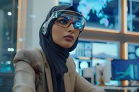 Middle Eastern woman in hijab wearing futuristic smart glasses and headphones in modern office with digital displays, representing tech innovation and diversity.