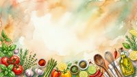 Fresh organic vegetables and herbs frame with wooden utensils on watercolor background for healthy cooking and culinary design projects.