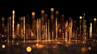 Glowing vertical light lines rising from sparkling golden surface against dark background create magical atmosphere with bokeh effect and depth perspective.