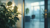 Green plant leaves silhouetted against blurred modern office interior with soft morning sunlight streaming through windows creating peaceful workspace atmosphere.