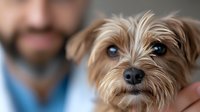Small brown terrier mix dog with striking blue eyes and scruffy fur looking directly at camera while being held by owner in casual setting, shallow depth of field.
