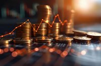 Stacks of golden coins with rising graph line showing financial growth and investment success against blurred stock market data background with bokeh effect.