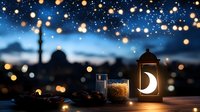 Ramadan lantern with dates and bokeh lights against twilight city skyline, creating festive atmosphere for iftar celebration.
