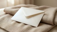 White envelope resting on soft beige knit fabric in warm natural light for correspondence and mailing concepts.