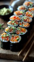 Fresh sushi rolls with salmon, cucumber, and avocado, garnished with sesame seeds on wooden board. Side of wasabi sauce in black bowl. Asian cuisine.
