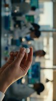 Hand holding white pill or tablet with blurred laboratory background, suitable for pharmaceutical, healthcare, medicine, and medical research concepts.