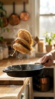 Fluffy golden pancakes flipping mid-air over a cast iron skillet in a warm rustic kitchen with copper pans and soft morning light.