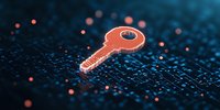 Orange glowing key floating over digital circuit pattern background with bokeh lights, representing cybersecurity and data encryption concepts.