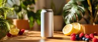 Blank aluminum beverage can mockup surrounded by fresh fruits and tropical plants in warm sunlight, perfect for product presentation.
