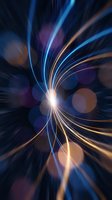 Dynamic light burst with radial motion blur and bokeh effects creating energy vortex on dark background for digital art and technology presentations.