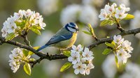 Small blue tit bird perched on blooming apple tree branch with white flowers in spring garden nature scene for wildlife photography and seasonal decor.