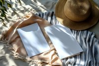 Woman's hands holding open blank book on striped blanket with straw hat, perfect for summer reading mockup and vacation relaxation concepts.