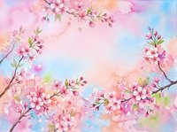 Watercolor cherry blossom branches frame pastel rainbow background with pink sakura flowers and green leaves for spring design projects.