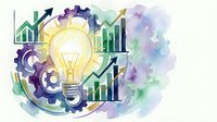 Business innovation concept with lightbulb, gears and growth charts in watercolor style for creative presentations and marketing materials.