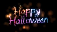 Glowing neon Happy Halloween text in colorful pink and blue lights against dark background with warm bokeh effects for party decorations and greeting cards.
