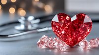Red crystal heart with scattered gems on gray surface against blurred bokeh background, romantic Valentine's day composition for greeting cards and love declarations.