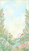 Watercolor floral frame with a winding river, green hills, and blooming wildflowers in soft pastel tones, perfect for cards and posters.