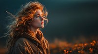 Young redhead woman with flowing curly hair in dramatic lighting against stormy sky background. Fantasy portrait with warm golden tones and windswept hair.