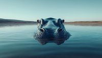 Hippo head emerging from calm water surface at dawn, eyes watchful and alert, creating dramatic silhouette against serene African landscape and reflective lake.