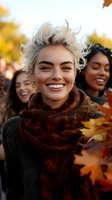 Happy young blonde woman with messy bun hairstyle wearing cozy autumn scarf smiling joyfully outdoors with friends during fall season celebration.