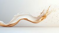 Flowing white milk and caramel liquid waves collide creating dynamic splash with droplets on light background, abstract food photography for advertising.
