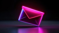 Glowing neon envelope icon floating in dark space with pink and blue light effects, modern minimal design for digital communication concepts.