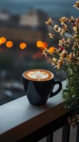 Black coffee cup with latte art pattern on balcony railing at sunset, white flowers and orange bokeh lights creating cozy atmospheric mood.