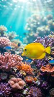 Bright yellow tropical fish swimming among vibrant coral reef with sunlight filtering through turquoise ocean water, suitable for marine life and underwater nature content.
